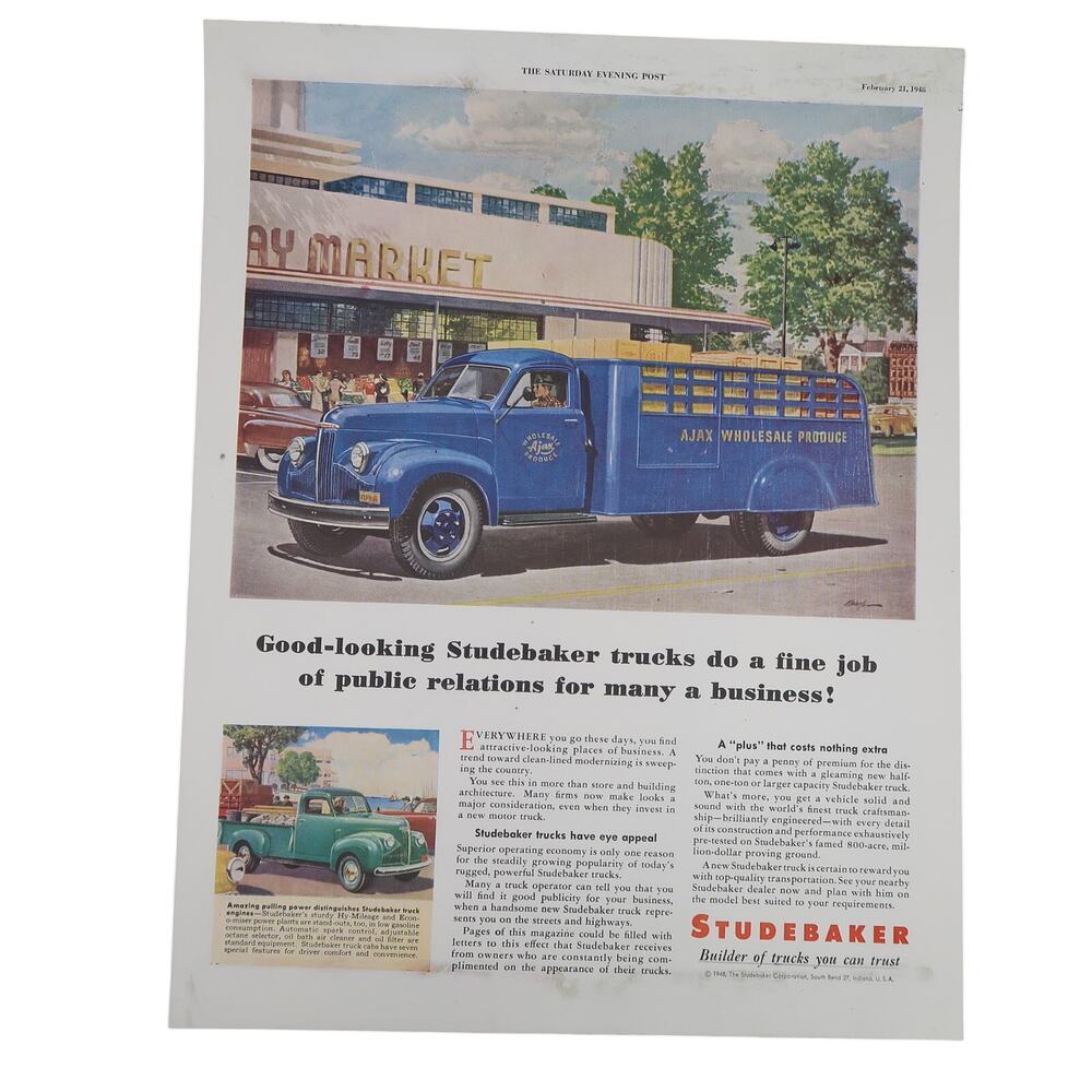 Studebaker Delivery Truck Magazine Advertisement 1948 Color Vintage Automobilia